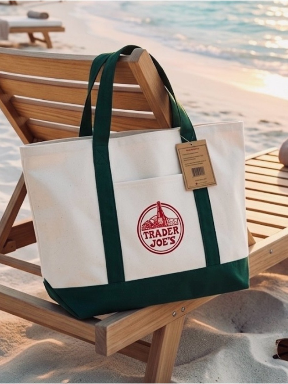 Brand New: LARGE Classic Trader Joe's White Canvas Tote in Forest Green